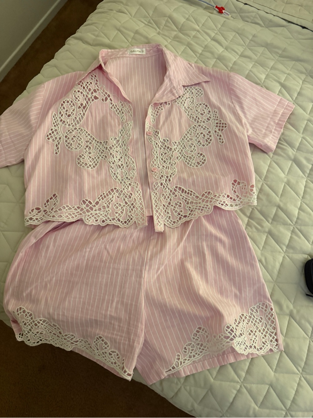 Pink Striped Lace-Trim Two-Piece Set - Galiia